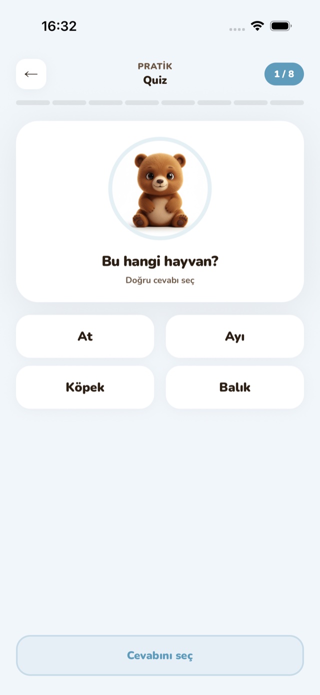 Quiz ekranı: "Bu hangi araç?" sorusu ve dört kelime seçeneği.